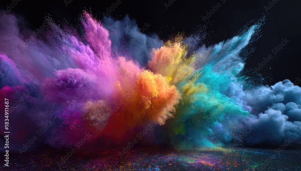 Fototapeta premium Explosion of vibrant colored powders against a dark background, creating dynamic visual effect