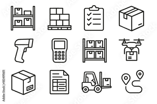 Label forklift icon scanner route inventory vector warehouse set checklist stack box