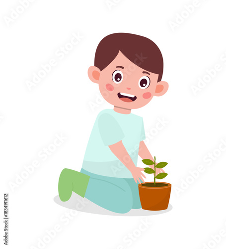 A cartoon boy kneeling and holding a potted plant with green leaves on a white background.