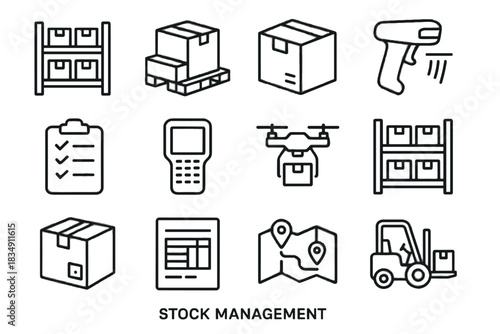 Vector map scanner sheet icon device management box inventory rack icons stock