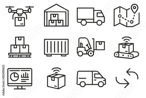 Forklift icon icons container conveyor logistics digital route inventory warehouse vector van