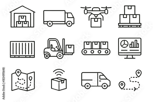 Drone van route chain smart sensor delivery vector conveyor icon supply logistics