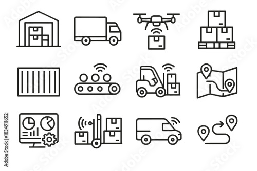 Drone icons logistics autonomous route inventory warehouse vector box icon arrows iot