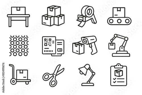 Tape vector lamp robot icon warehouse inventory workstation boxes belt wrap set