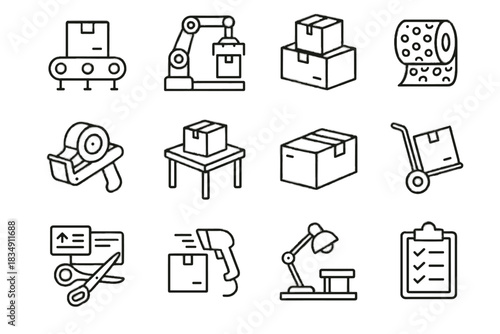 Packaging parcel scissors icons icon vector boxes lamp scanner inventory labels delivery
