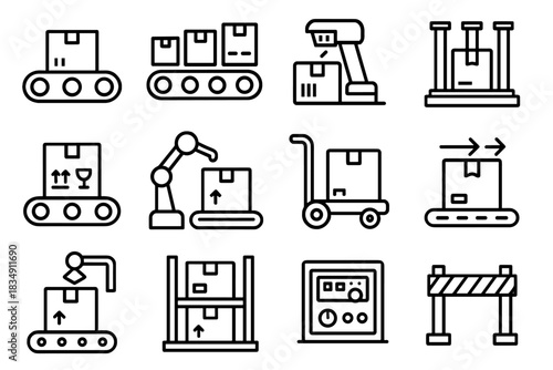 Icon sorting vector arm cart parcel arrows safety shelf conveyor scanner