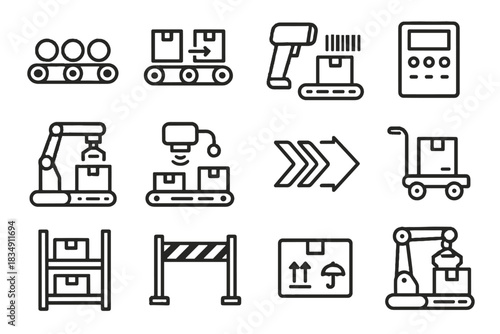 Safety icons sorting arm arrows speed moving conveyor automated icon control vector