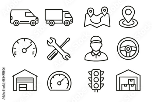 Tracker route garage set truck vector logistics driver maintenance delivery cargo icon
