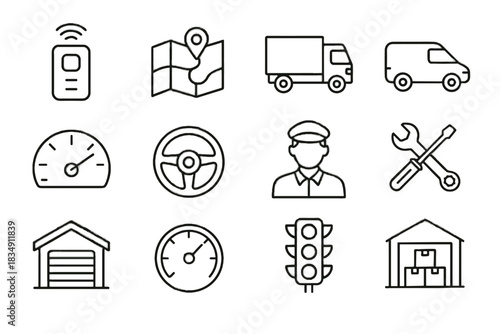 Truck transport icons tools map driver speedometer vector delivery icon maintenance smart
