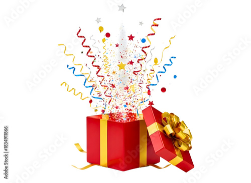 Wallpaper Mural Red gift box with colorful confetti and streamers exploding out isolated on transparent background Torontodigital.ca