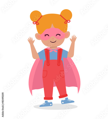 A smiling cartoon girl wearing a superhero costume with a pink cape and mask.