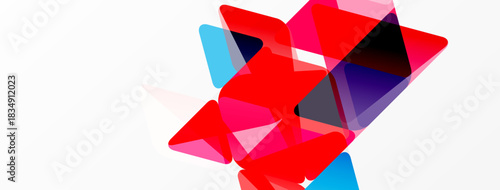 Abstract geometric shapes overlap, creating vibrant red, blue, purple composition. Minimalist design on white background.