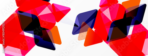 Abstract geometric shapes overlap, creating vibrant color patterns. Red, orange, pink, navy dominate white background. Modern design.