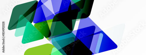 Abstract geometric shapes overlap, creating vibrant color blends. Green, blue hues dominate white background. Modern design elements present.