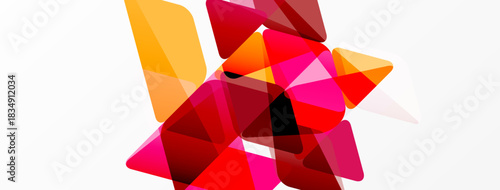 Abstract geometric shapes overlap, creating vibrant color composition. Reds, pinks, oranges dominate white background. Modern design element.