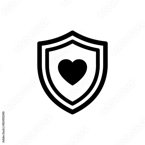Overlapping shields framing central heart illustration