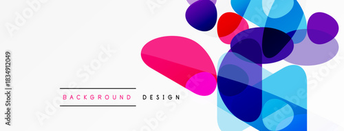 Abstract colorful overlapping shapes create modern background. Vibrant hues blend, forming dynamic visual composition. Simple text labels design elements.