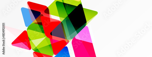 Abstract colorful triangles overlap, creating dynamic composition. Bright hues contrast against white background. Modern design element.