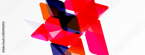 Abstract composition featuring overlapping colorful triangles. Shapes vary in size, opacity, creating dynamic visual effect. Bright reds dominate.