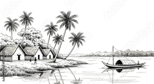 Tropical Kerala Backwaters Village Scene with Houseboat for Travel Brochures and Tourism Websites