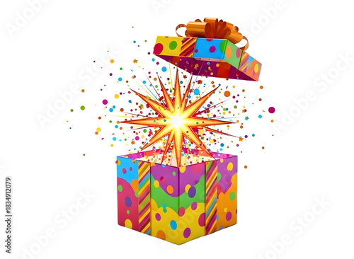 Wallpaper Mural Colorful gift box opening with bright starburst and confetti isolated on transparent background Torontodigital.ca