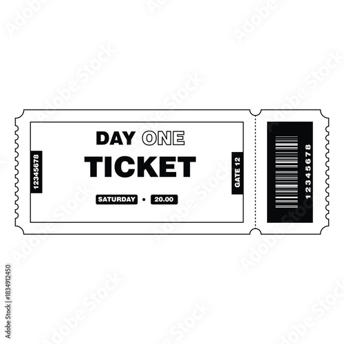 Black and white vector illustration set of two modern event tickets (Day One and Festival designs) with barcodes, dates, and times. Perfect for music, sport, or general admission graphics