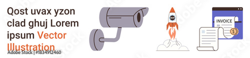 Security, technology, finance, innovation, surveillance, document management. Security camera, rocket and invoice. Innovation and finance through business and technology elements