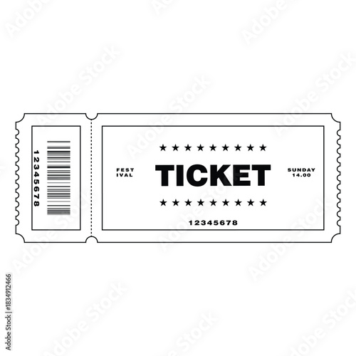 Black and white vector illustration set of two modern event tickets (Day One and Festival designs) with barcodes, dates, and times. Perfect for music, sport, or general admission graphics