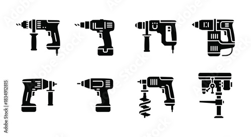 Collection of various black power drill tools illustrated in a simple style