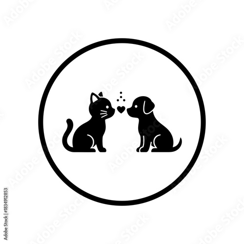Cat and dog noses touching with heart shape illustration