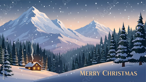 Cozy Christmas Eve in the Snow: A peaceful scene unfolds as a warm cabin nestled amidst snowy trees, with mountains in the background, celebrates the festive spirit