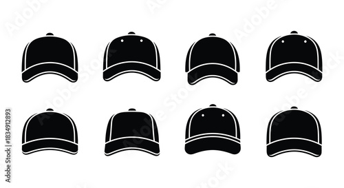 A collection of monochrome baseball caps displayed in a grid arrangement