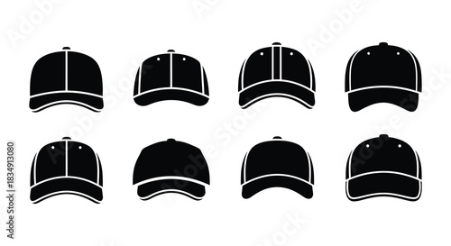 A collection of monochrome baseball caps displayed in a grid arrangement