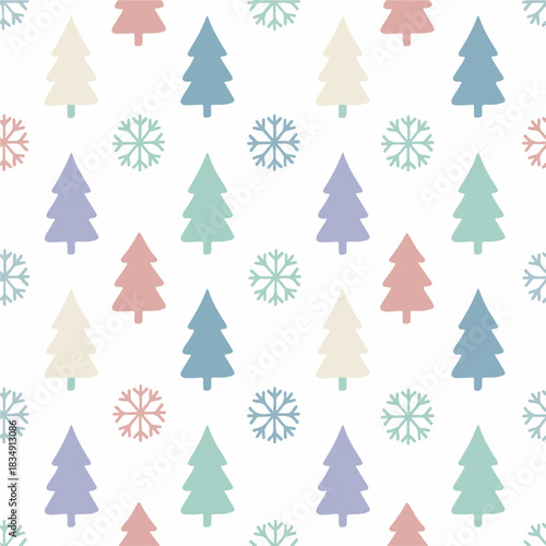 Seamless pastel winter holiday pattern with snowflakes and fir trees