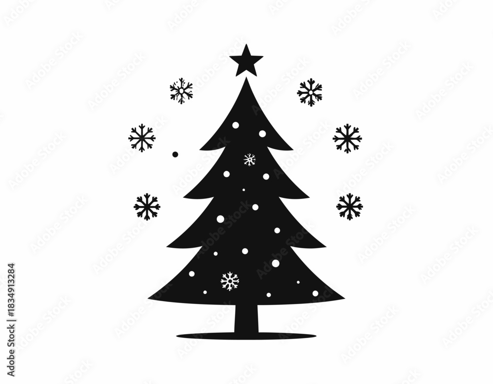 Fototapeta premium Monochrome graphic of a Christmas tree, decorated with snowflakes and topped with a star, set against a plain white background, creates a simple, festive design.