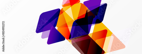 Abstract geometric shapes overlap, creating vibrant color blends. Orange, purple hues dominate composition. Modern design element.