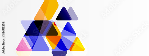 Abstract triangles overlap, creating vibrant color blends. Shapes vary size, forming dynamic composition on white background.