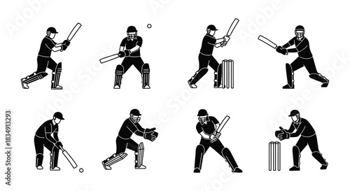 Illustrations of cricket players in various batting and fielding positions