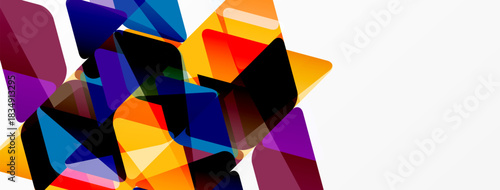 Abstract geometric shapes overlap, creating vibrant color blocks. Composition features dynamic angles, bold hues, negative space.