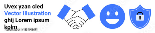 Collaboration, business partnerships, cybersecurity, teamwork, safety protocols, and trust. Handshake, happy face and shield with a lock icon. Business partnerships and cybersecurity