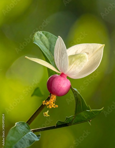 Close-up of a unique flower with white petals, a pink fruit-like center, and green leaves against a blurred green background
