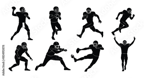 Silhouettes of american football players in various action poses and positions