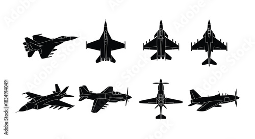 Silhouettes of military aircraft and airplanes in a black and white design