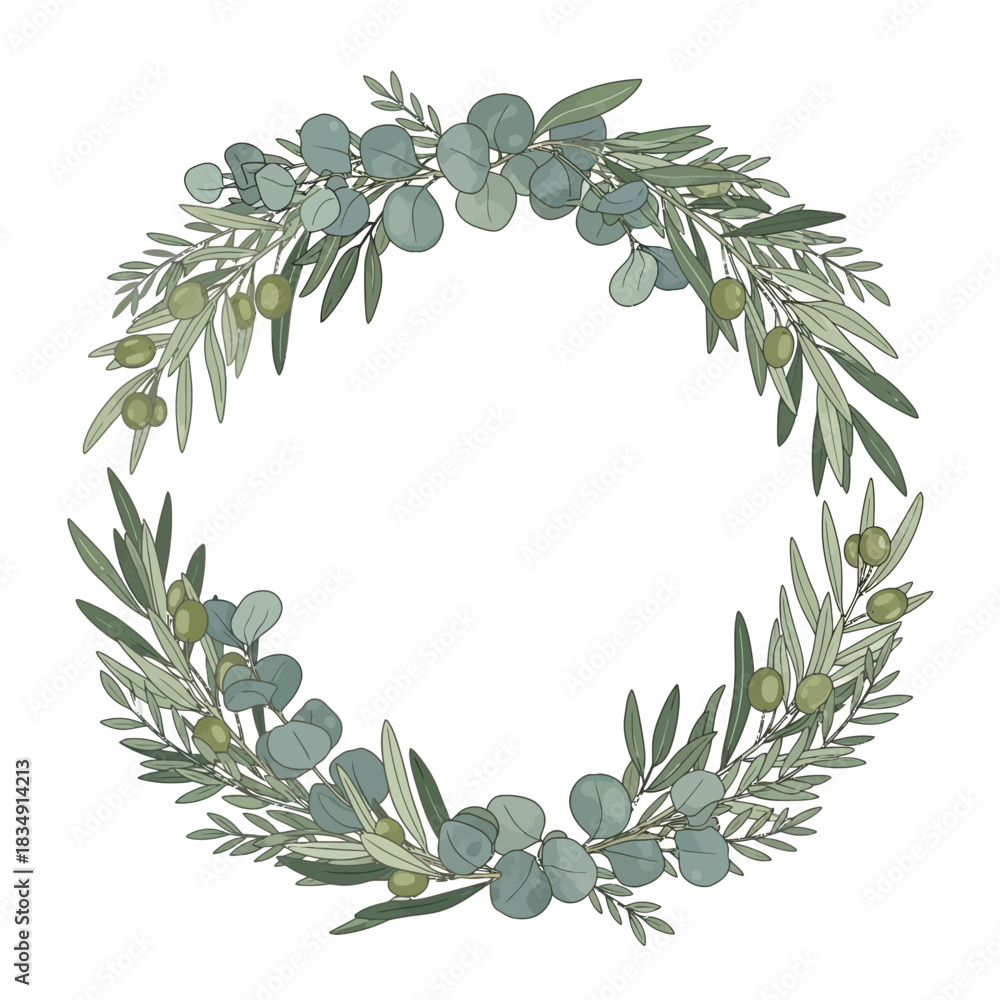 Naklejka premium Eucalyptus and Olive Branch Wreath - Elegant Floral Design