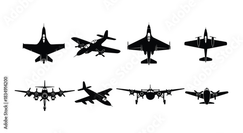 Silhouettes of military aircraft and airplanes in a black and white design