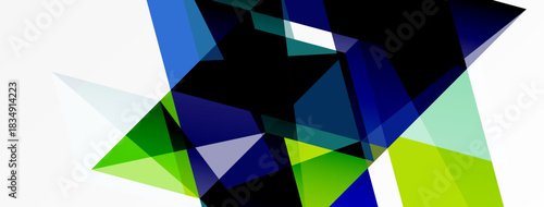 Abstract geometric shapes overlap, creating dynamic composition. Blues, greens, whites dominate design. Minimalist style.