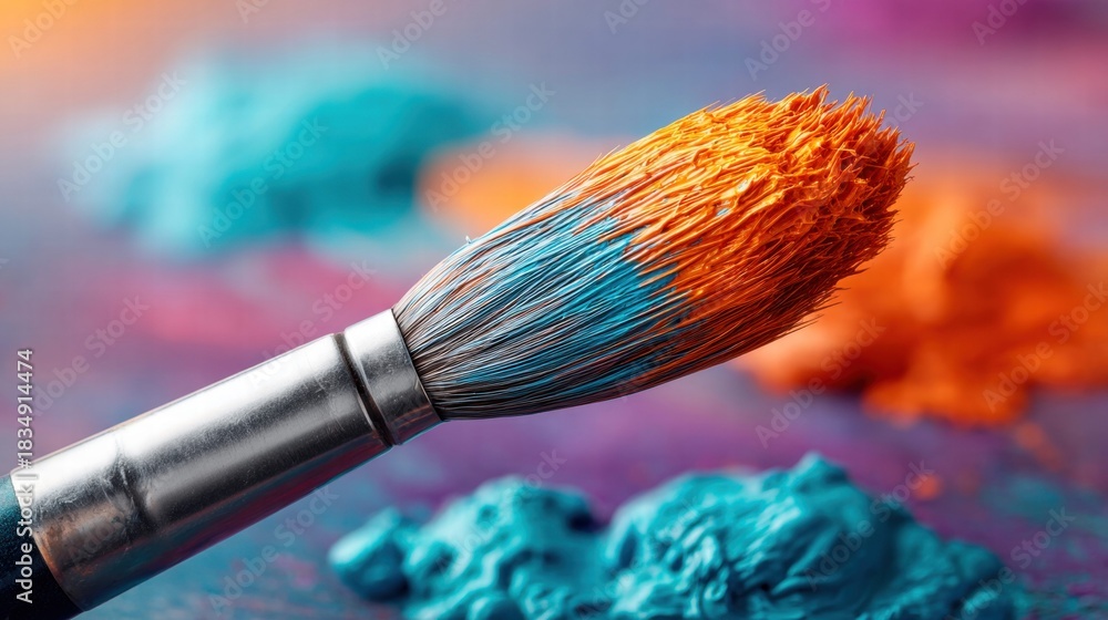 Fototapeta premium Close-up of a paintbrush with vibrant orange and blue paint.