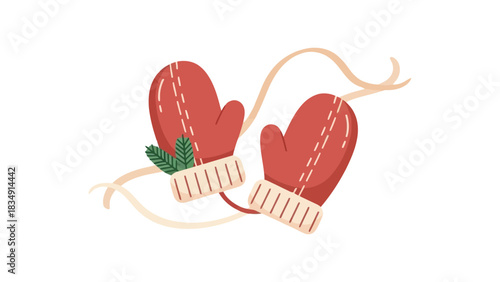 Pair of red mittens with ribbon and leaves winter accessory illustration