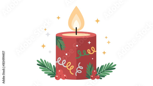 Red holiday candle with christmas decorations and pine branches vector
