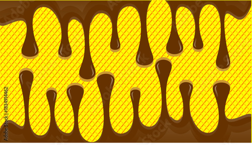 Hot chocolate drip illustration. Melting chocolate  on waffle background. Drippy ice cream vector design. Wavy choco melt border. Brown chocolate drips illustration.
